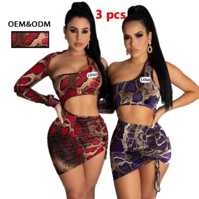 China 2021 Breathable One Shoulder Snake Print Bikini Custom Swim Suits Three Piece Bikini With Skirt for sale