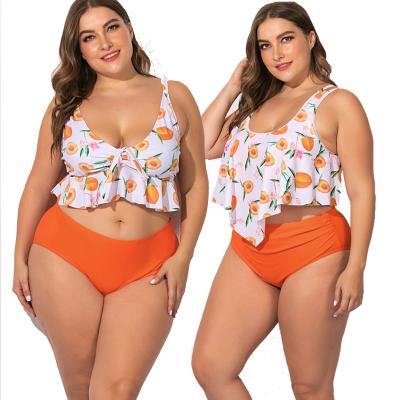 China Custom Adjustable Strap Anti-UV Ruffle Plus Size Swimwear Printing And High Waist Bikini Set for sale