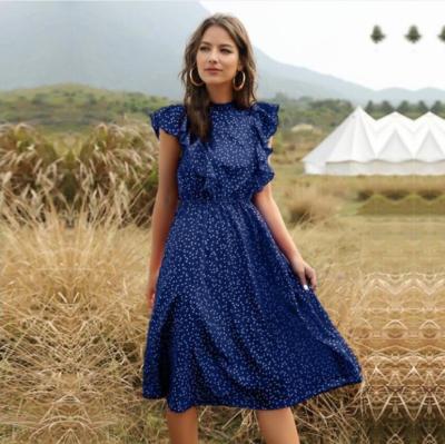 China Butterfly Sleeve Dot Print Dress Women 2021 Breathable Elegant Heart Ladies Summer New Ruffles Long Midi Vacation Dresses for sale