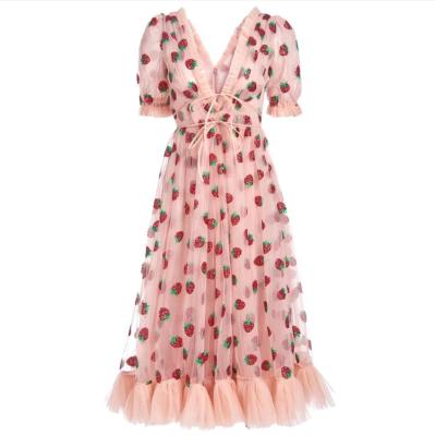 China Breathable Elegant V Neck Dresses Strawberry Print Short Sleeve Women Dress Chiffon Summer Casual Dress With Belt 2021 for sale