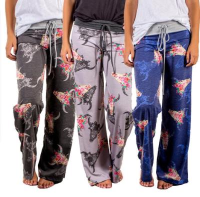 China Anti-Wrinkle Women Comfortable Casual Pajama Pants 2021 2021 New Fashion Yoga Pants Stretch Drawstring Floral Print Wide Leg Lounge Pants for sale