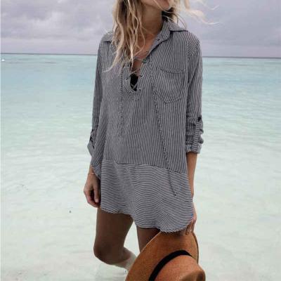 China Plus Size 2021 Striped Tunic V Neck Lace Up Casual Women Swimwear Beach Suit For Summer Beach Vacation for sale