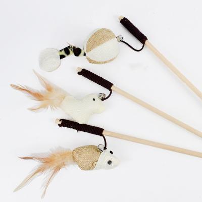 China Sustainable Log Forming Cat Wood Feathers Chicken Cat Canvas Stick With Bells Wooden Cat Toy For Pets for sale