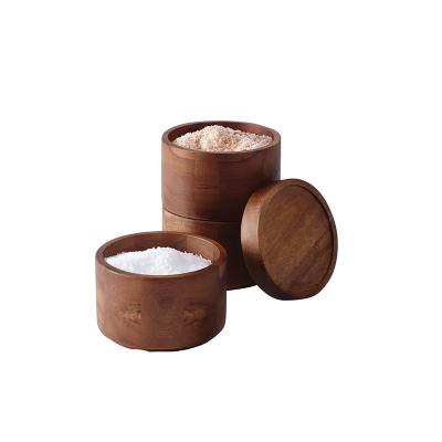 China Recycled Materials Round Indian Tin Bamboo Salt Box Wooden Spice Packaging Box For Sale for sale