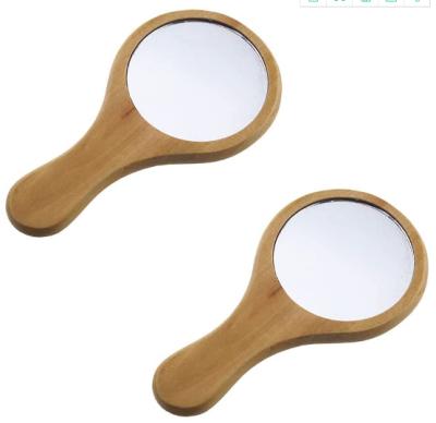 China Europe 2 Pcs Portable Makeup Mirror Wooden Handle Small Round Cosmetic Mirror Wood Hand Held Mirror for sale