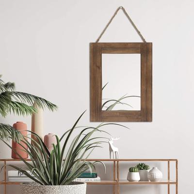 China Europe 16 X 12 Inch Rustic Wood Framed Wall Mirror With Rope Cocking For Farmhouse, For Entryway, Bedroom, Bathroom, Dresser, Brown for sale