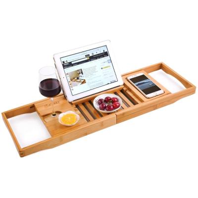 China Natural Wood Bamboo Shelf Tub Caddy Tray Organizer with Extend Function for sale