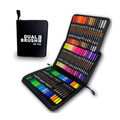 China Fineliners Art Markers Brush Pen 60colors Dual Tip Brush Painting Pen in Canvas Bag for Adult and Kid for sale