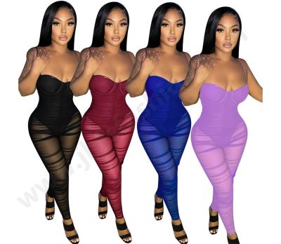 China Anti-wrinkle J&H New Fashion Design Women's Transparent Black Mesh Overalls Club Wear for sale