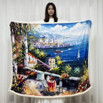 China Small Quantity Folded Artistic Oil Painting Blanket Seascape Fleece Blanket for sale