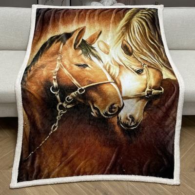 China Custom Horse Print Fleece Blanket Cowboy Folded Soft Horse Blanket Double Horse for sale