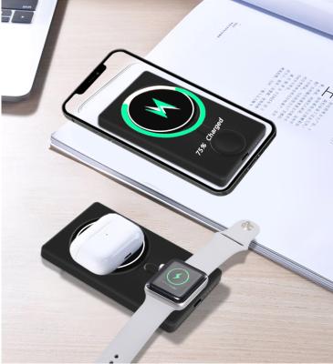 China Fast charging support 3 to 1 slim magnetic wireless power bank 5000mah spuer for iphone 11 pad 13 15W wireless charging for iwatch 7 6 for earphone for sale