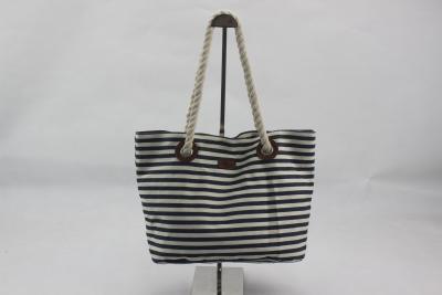 China Black And White Large Striped Beach Bag With Rope Handle , Large Capacity for sale