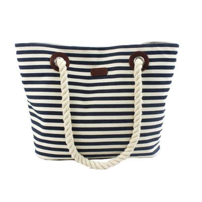 China Custom Striped Ladies Canvas Tote Bags with Leather Handle / Canvas Weekend Travel Bag for sale