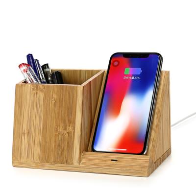 China Charing Power for Mobile Phone 3 in 1 Bamboo Wireless Charger 10W Bamboo Wireless Charger with Pen Box Fast Charging for sale