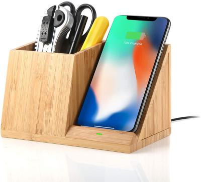 China Standard Battery Bamboo Wireless Charger With Organizer Wood Wireless Charging Station for sale