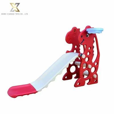 China Folding Home Indoor Mini Playground Children Cartoon Horse Baby Safety Plastic Slide With Basketball Hoop for sale