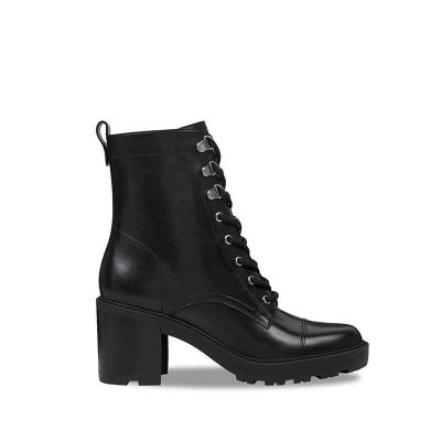 China MANRINO-0185 Square Block Anti-Slippery Heel Black Genuine Leather Steel Toe Lace Up Ankle Bootie Women Boots For Lady for sale