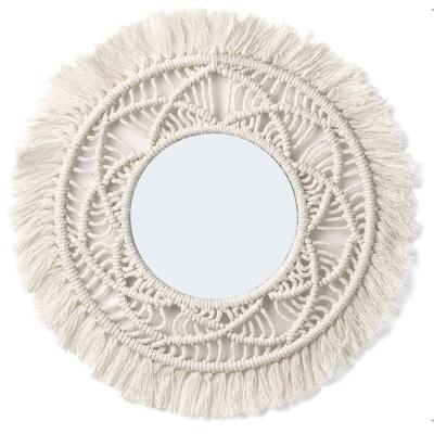 China Farmhouse Custom Home Decor Round Macrame Hanging Wall Decorative Mirror with Boho Fringe for Apartment Living Room Bedroom for sale