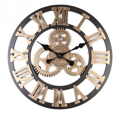 China Antique Style Customize size roman quartz battery sweep movement hand gold silver silent creative round mechanical gear wall clock for bedroom for sale