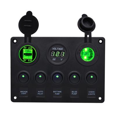 China Top Sale 12-24V Waterproof On Off Marine Dual USB Charger Digital Voltmeter 5Gang Rocker Switch Panel With Car cigarette for sale