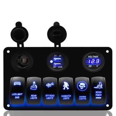 China Metal Aluminum Auto car RV Marine Boat 3 gang Rocker Switch Panel with Dual USB charger + cigarette socket + Voltmeter for sale