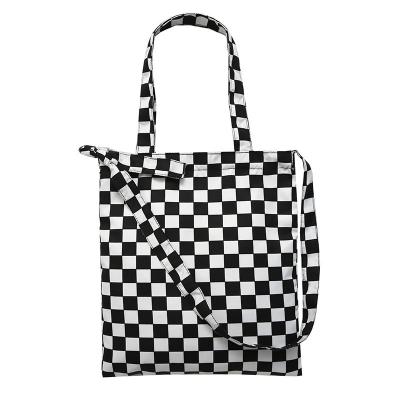 China Low MOQ Cotton Canvas Tote Custom Printing Black And White Checkered Eco-Friendly Wholesale Folding Tote Sling Shoulder Bag for sale