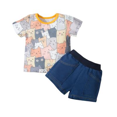 China Anti-Shrink Cute Cartoon Cat Shirt Navy Pants Suit Kids Clothing Baby 2 Pieces Matching Set for sale