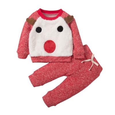 China OEM Color Red Deer Full Sleeve Anti-Shrink Sweater Set Baby Matching Pants 2pcs Clothes Set For Fall for sale