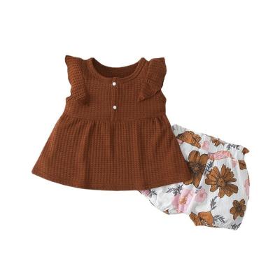 China 2022 Anti-wrinkle RTS Infant Babies Brown Plaid Skirt With Shorts Toddler Kids 2 Pcs Clothing Set for sale