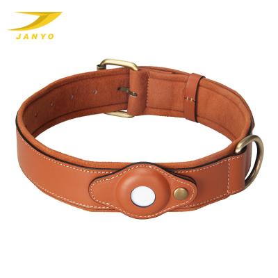 China Dogs Pet Airtag Collar Brown Vintage Customized Adjustable Genuine Leather Dog Collar With Airtag for sale