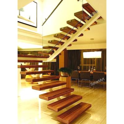 China Modern Smartart 2022 Modern Design Interior Wooden Floating Stairs With Tempered Glass Fencing Stairs for sale