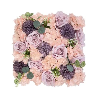 China Purple Rose Hydrangea Leaves Wedding Backdrop Artificial Flower Eco-friendly Hanging Green Wall for sale