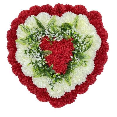 China Wholesale Large Red White Chrysanthemum Heart Shape Artificial Flower Funeral Garland Eco-friendly Products TX0004-3 for sale