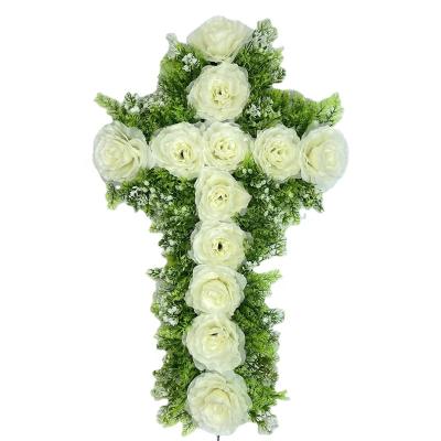 China SJZ0004 Wholesale Fashion High Quality Eco-friendly Rose Artificial Flower Cross Wreaths white for burial for sale