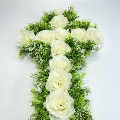 China SJZ0004 Cemetery Artificial Funeral Flowers Eco-friendly Wholesale Decorative Floral Cross Large Braid Casket Cross For Grave for sale