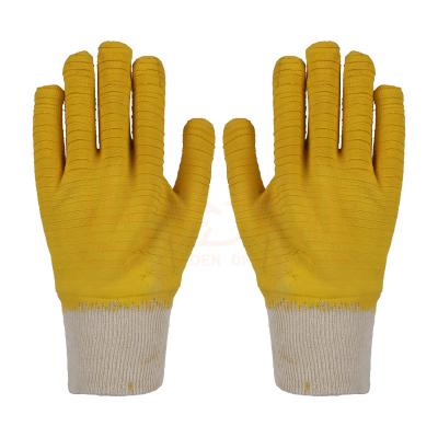 China Comfortable and flexible cotton flannel shell with rough ply of full yellow latex coated safety gloves for sale