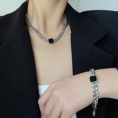 China Hip Hop Necklace Thick Chain Network Black Square Clavicle Bracelet Red Soft Jewelry Set Stainless Steel Necklace Bracelets Wholesale for sale