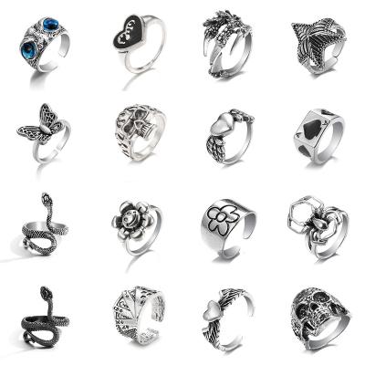 China Environmental Friendly Vintage Ring Set Unique Heart Butterfly Snake Cry Face Gothic Rings Set Fairy Grunge Accessories Hip Hop Punk Jewelry for sale