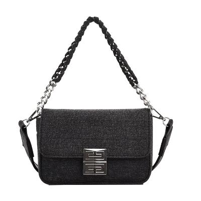 China Latest High Quality Denim Women's Chain Bag With Ruffle Trim Bag for sale