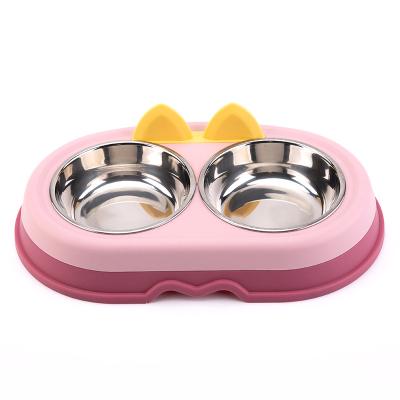 China Double Stocked Premium Stainless Steel Pet Bowls With Cute Modeling Dog Pet Food Water Feeder Double Cat Bowls for sale