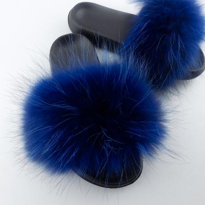 China 2021 Fashion Trend Seller Fur Indoor Flat Women's Blue Real Fox Fur Slides Soft Fur Slippers With Logo for sale