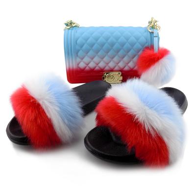 China Large Fashion Faux Mink Fox Fur Slides and Matching Purse for Women and Kids for sale