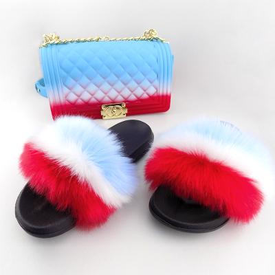 China Fashion PVC Jelly Bags With Fox Fur Slipper Sets Pinch Bag Match Fur Slides Sandals Sets for sale