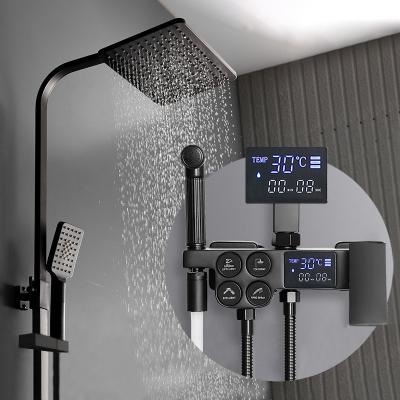 China Thermostatic Faucets Black Brass Shower Faucet Rain Shower Set Thermostatic Rain Shower Luxury Set for sale