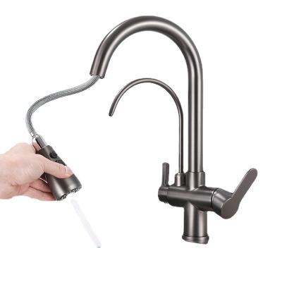 China Pull Out Spray 3 Way Kitchen Faucets Dual Spout Pull Out Kitchen Faucet Brass for sale