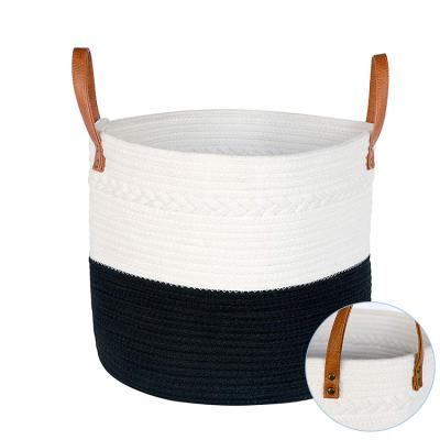 China Hot Selling Sustainable Woven Storage Basket Organizer Super Soft Eco-friendly Cotton Rope Basket With Leather Handles for sale