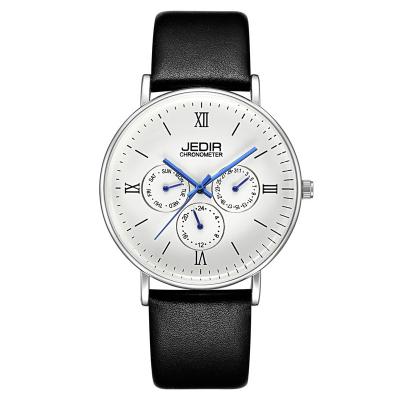 China WJ-7396 los relojes de los hombres de la marca de las ventas al por mayor JEDIR diseñan lo más tarde posible los relojes autos del cuero del día de la fecha de Handwatches del cuarzo 3ATM en venta