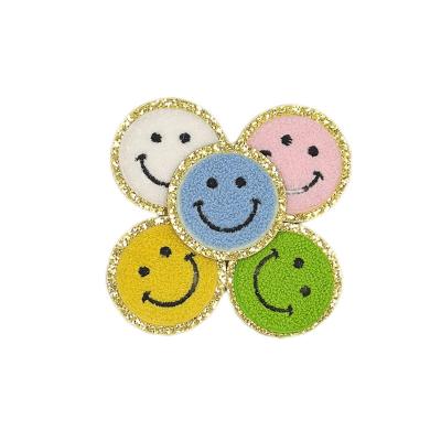 China 2022 Viable Hot Sale Colorful Smile Embroidery Patches Iron On Laser-Cut Border Chenille Patch For Apparel for sale