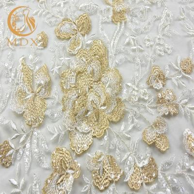 China Viable Wedding Gold Tulle Lace Fabric With Sequins/Bridal Lace Fabric Good Quality/Sequins Fabric With Embroidered Lace Dress Fabric for sale